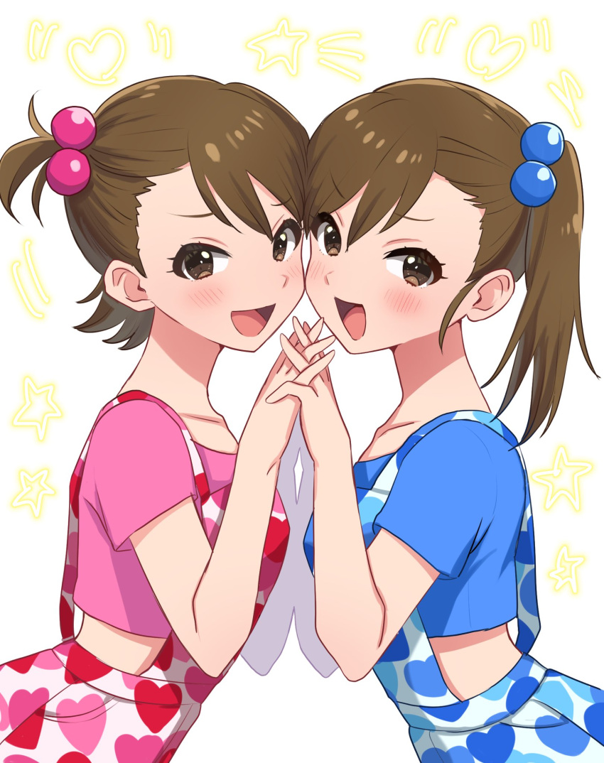 2girls :d blush brown_eyes brown_hair commentary_request from_side futami_ami futami_mami highres holding_hands idolmaster idolmaster_(classic) long_hair looking_at_viewer multiple_girls open_mouth saito_katuo short_hair siblings side_ponytail sisters smile twins