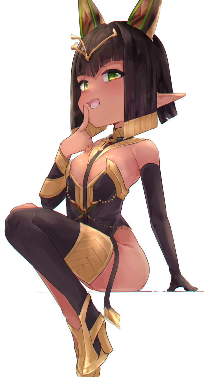 1girl absurdres alternate_hair_length alternate_hairstyle animal_ears ankh bangs black_hair black_legwear blush breasts child ckwl123 dark_elf elbow_gloves elf gloves green_eyes hair_between_eyes high_heels highres hime_cut jackal_ears last_origin leotard open_mouth pointy_ears sekhmet_of_death simple_background single_thighhigh small_breasts smile solo thighhighs white_background younger