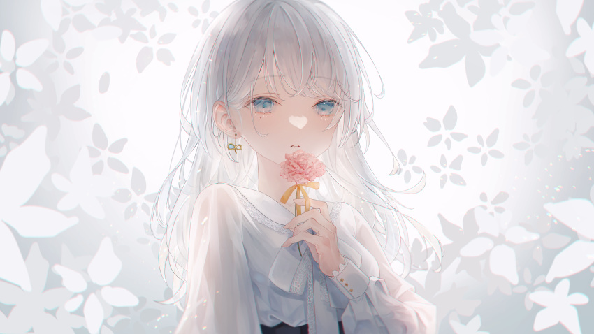 1girl absurdres bangs blue_eyes breasts character_request earrings eyebrows_visible_through_hair flower grey_hair highres holding holding_flower jewelry long_hair mole mole_under_eye nyaon_oekaki official_art original pink_flower shirt small_breasts upper_body virtual_youtuber white_background white_shirt