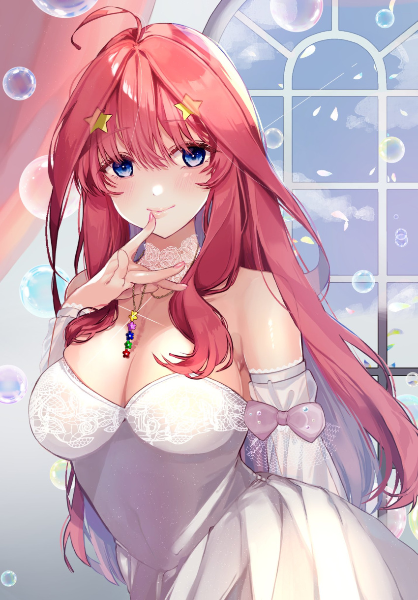 1girl ahoge bangs blue_eyes blue_sky blunt_bangs blush bow breasts bubble cleavage closed_mouth cloud commentary_request dress eyebrows_visible_through_hair finger_to_mouth flower flower_necklace go-toubun_no_hanayome hair_between_eyes hair_ornament hatigatunoneko highres indoors large_breasts long_hair looking_at_viewer nakano_itsuki pink_bow red_hair sky smile solo star_(symbol) star_hair_ornament wedding_dress window