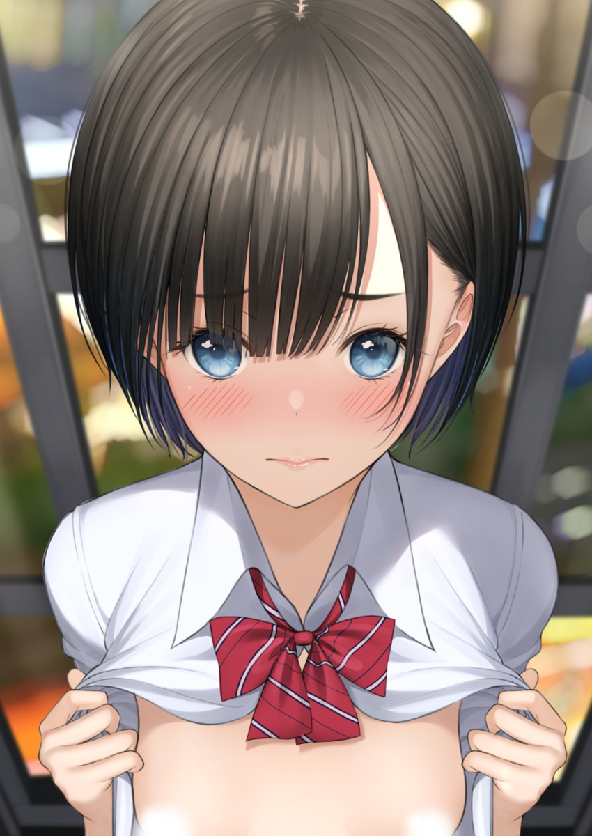 1girl bangs black_hair blue_eyes blush bob_cut bow bowtie breasts breasts_out censored censored_nipples collared_shirt diagonal_stripes highres lips looking_at_viewer loose_bowtie mottsun_(i_40y) nervous no_bra original partially_unbuttoned red_bow red_bowtie school_uniform shirt short_hair small_breasts solo striped striped_bow striped_bowtie white_shirt