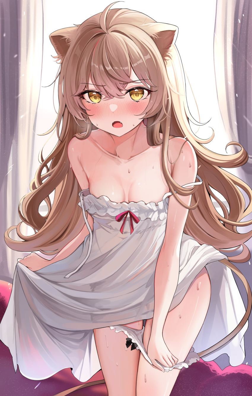 1girl absurdres ahoge animal_ears backlighting bangs bare_shoulders breasts crossed_bangs curtains dress eyebrows_visible_through_hair fangs hair_between_eyes highres indie_virtual_youtuber light_brown_hair lion_ears lion_tail long_hair looking_at_viewer open_mouth panties panty_pull pulled_by_self rurudo_lion sak_(lemondisk) shiny shiny_hair sleeveless sleeveless_dress small_breasts solo strap_slip sweat tail thigh_gap thighs underwear very_long_hair virtual_youtuber white_dress white_panties yellow_eyes