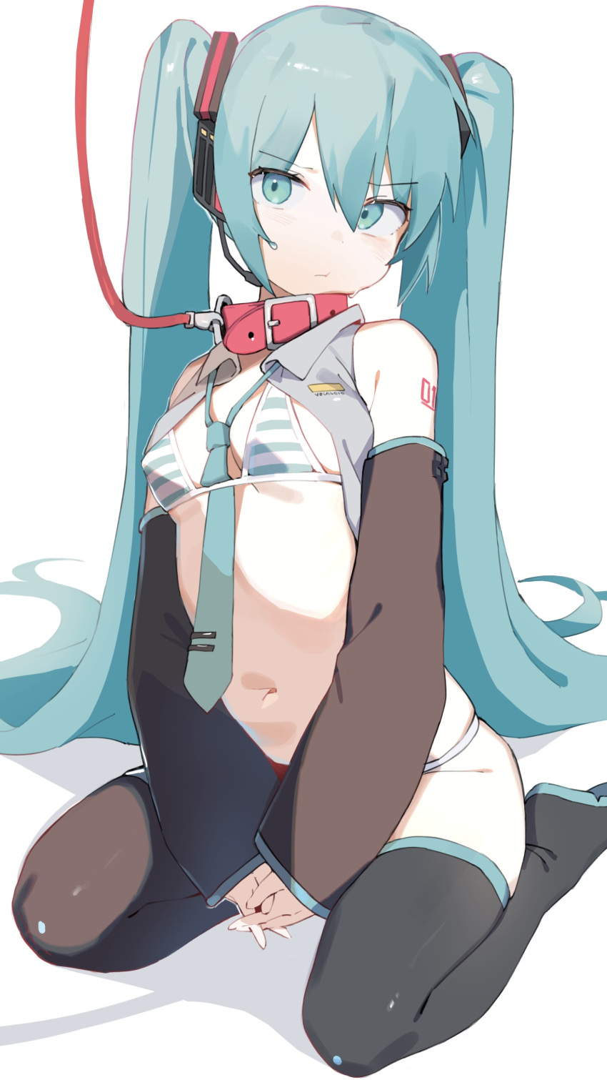 1girl absurdres bikini blue_eyes blue_hair boots breasts collar detached_sleeves gaeguribanchan hatsune_miku highres leash long_hair nail_polish navel necktie sitting small_breasts solo striped striped_bikini swimsuit thighhighs twintails very_long_hair vocaloid