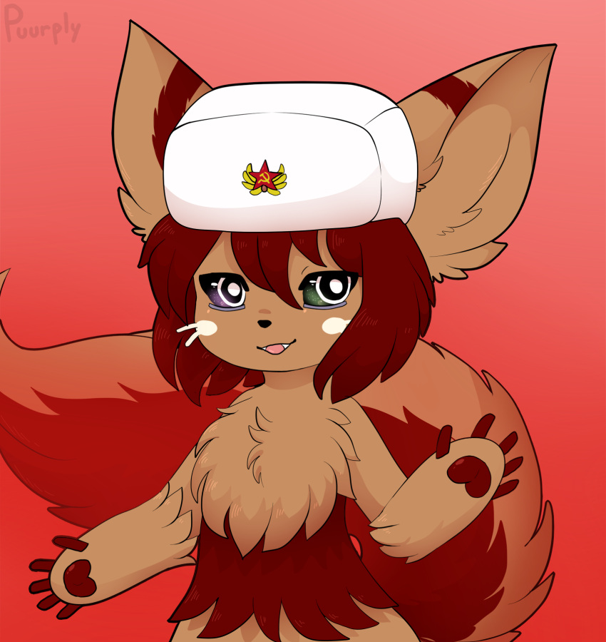 anthro big_ears chest_tuft clothing digital_drawing_(artwork) digital_media_(artwork) dreamy_eyes fangs fluffy fluffy_tail fur glowing glowing_eyes gradient_background hair happy hat headgear headwear hi_res looking_at_viewer male mammal mostly_nude multicolored_body multicolored_fur narehate open_mouth pupils puurply red_body red_fur red_hair signature simple_background smile solo solo_focus standing tan_body tan_fur text tuft ushanka waving_at_viewer whiskers white_pupils