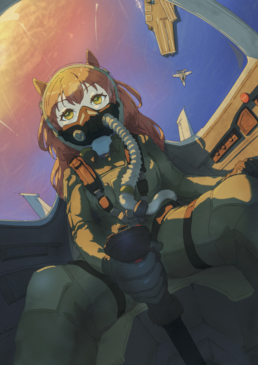 1girl absurdres aircraft aircraft_carrier aircraft_interior airplane animal_ears bangs controller fighter_jet flying gloves green_eyes highres horse_ears jet joystick jumpsuit long_hair mayano_top_gun_(umamusume) military military_vehicle ocean orange_hair oxygen_mask pilot_suit seatbelt ship solo stella_(stella) umamusume warship water watercraft