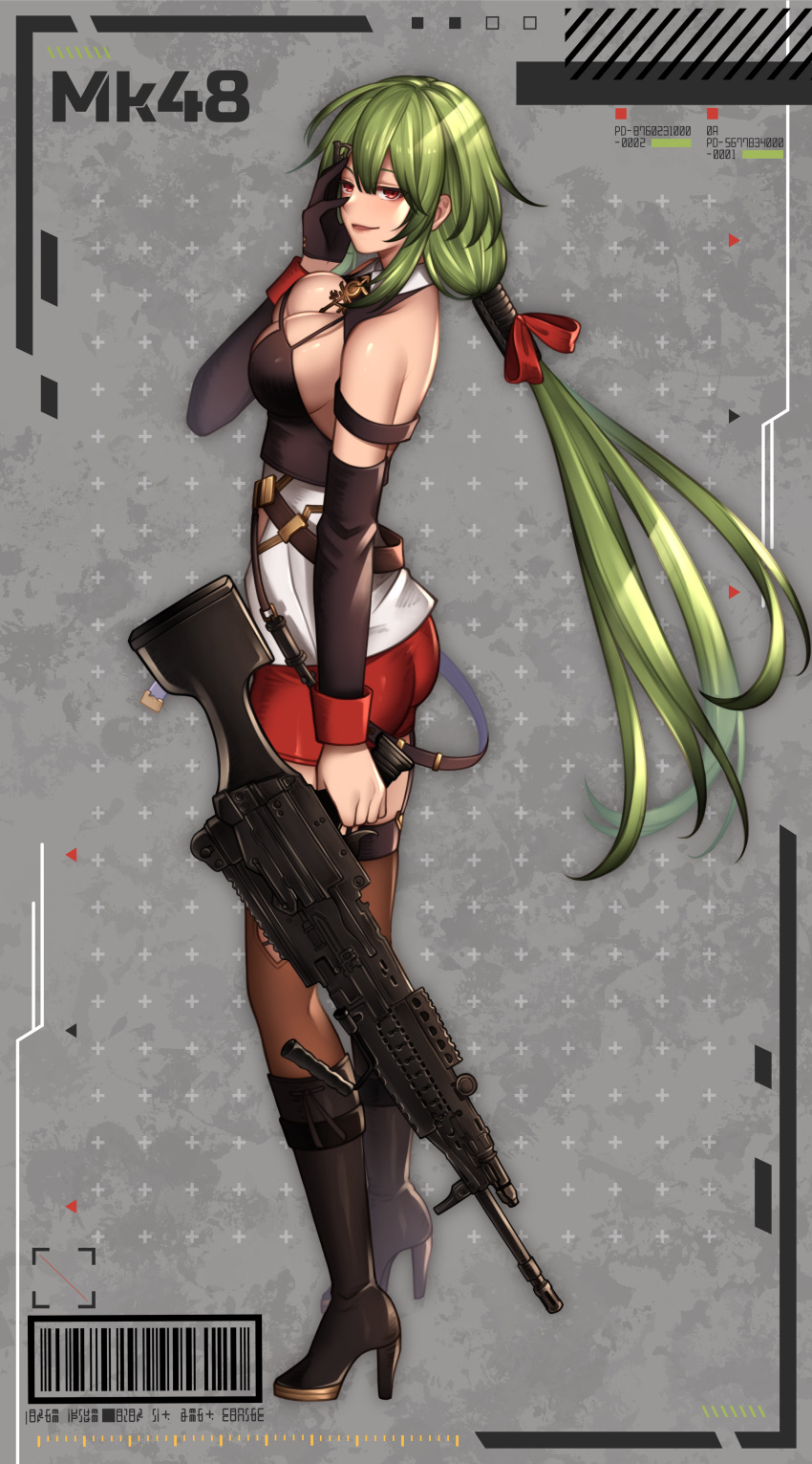 1girl absurdres annno_ans back bangs barcode bare_shoulders black_footwear black_gloves black_legwear blush boots breasts character_name commentary commission crop_top eyebrows_visible_through_hair full_body girls'_frontline gloves green_hair gun hair_ornament hairclip hand_on_own_face high_heel_boots high_heels highres holding holding_gun holding_weapon large_breasts legs long_hair looking_at_viewer looking_to_the_side machine_gun mk48 mk48_(girls'_frontline) open_mouth parted_lips ponytail red_eyes red_shorts shorts sideboob simple_background single_glove skeb_commission sleeveless smirk solo standing thighhighs weapon
