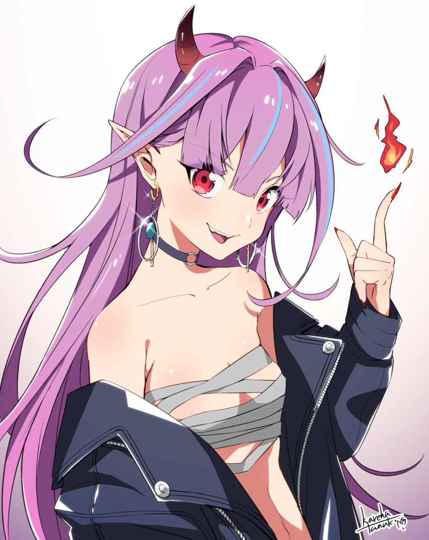 1girl bare_shoulders black_jacket blue_hair breasts choker fingernails fire highres jacket long_fingernails looking_at_viewer multicolored_hair open_mouth original pointy_ears ponkichi_(hazama_senkonmeiraku) purple_hair red_eyes red_nails sarashi small_breasts solo streaked_hair teeth upper_body upper_teeth white_background