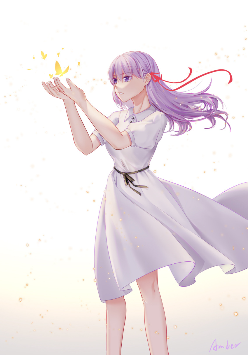 1girl amberdl artist_name breasts bug butterfly collared_dress commentary_request dress eyebrows_visible_through_hair fate/stay_night fate_(series) feet_out_of_frame gradient gradient_background hair_ribbon hands_up heaven's_feel highres long_hair matou_sakura medium_breasts official_alternate_costume parted_lips puffy_short_sleeves puffy_sleeves purple_eyes purple_hair red_ribbon ribbon short_sleeves solo white_dress