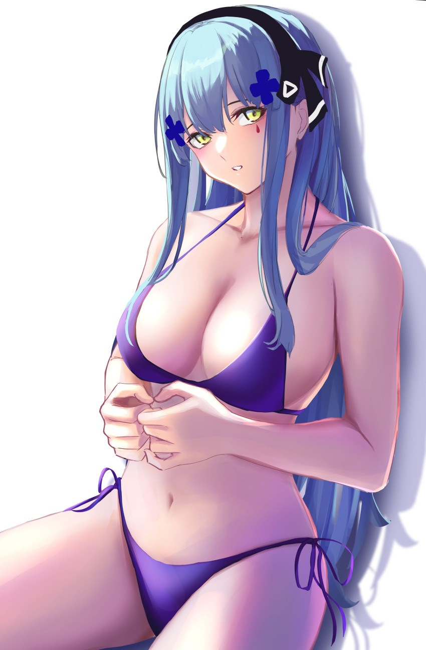 1girl 3_small_spiders :o absurdres bangs bare_shoulders bikini black_hairband black_ribbon blue_hair blush breasts cleavage collarbone commentary eyebrows_visible_through_hair feet_out_of_frame girls'_frontline green_eyes hair_ornament hair_ribbon hairband hairclip hand_on_hand highres hk416_(girls'_frontline) long_hair looking_at_viewer medium_breasts navel open_mouth purple_bikini purple_swimsuit ribbon shadow sitting solo swimsuit teardrop_facial_mark teardrop_tattoo white_background