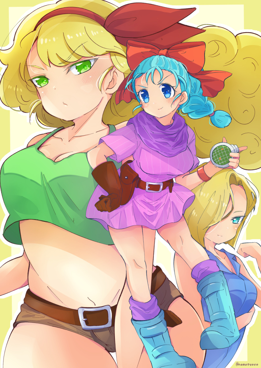 3girls android_18 aqua_eyes aqua_footwear aqua_hair belt black_belt black_gloves blonde_hair blue_eyes blue_shirt boots bow braid braided_ponytail breasts brown_shorts bulma closed_mouth collared_shirt crop_top cropped_shirt dragon_ball dragon_ball_(classic) dress frown glaring gloves green_eyes green_shirt hair_over_one_eye hair_pulled_back hair_ribbon hair_tie_in_mouth hand_on_hip highres holding holster leaning_forward long_hair looking_at_viewer looking_to_the_side lunch_(dragon_ball) medium_breasts micro_shorts midriff mouth_hold multiple_girls namatyoco navel open_mouth pink_dress purple_legwear red_bow red_ribbon ribbon shirt short_dress short_hair short_sleeves shorts single_braid smile socks standing standing_on_one_leg tank_top thigh_gap twitter_username