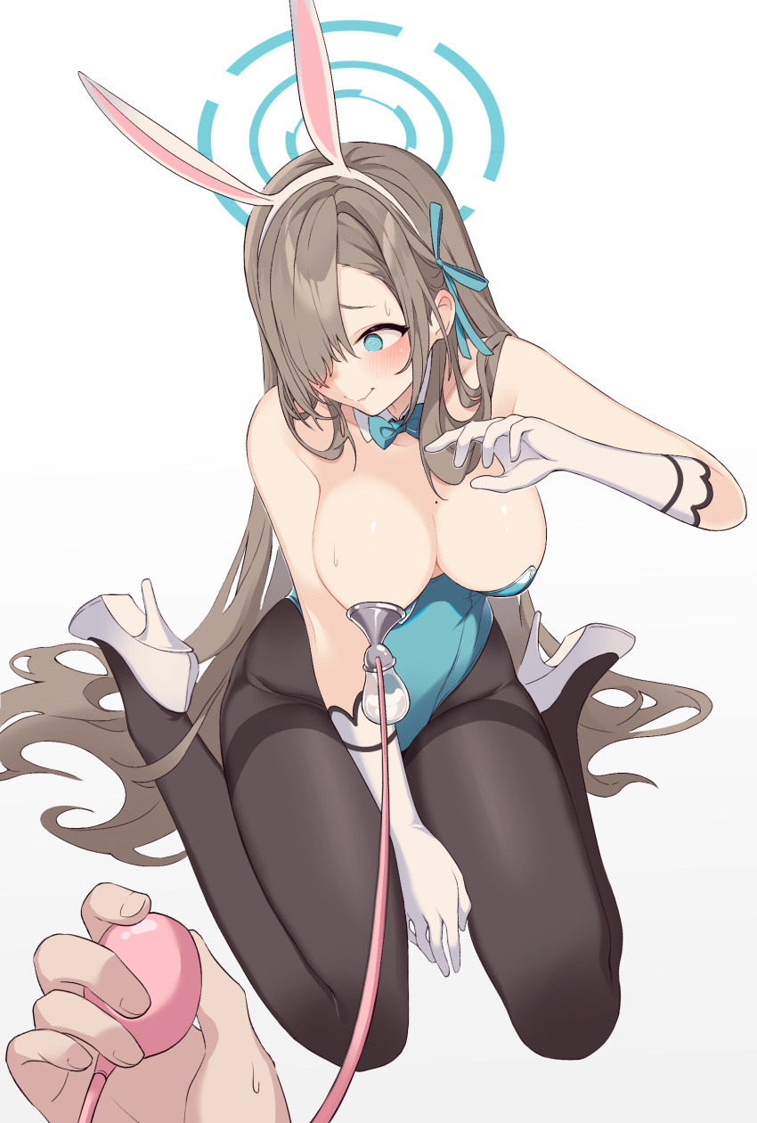 1boy 1girl @_@ absurdres animal_ears asuna_(blue_archive) black_legwear blue_archive blush bow breast_pump breasts brown_hair detached_collar elbow_gloves gloves halo highres lactation litsvn long_hair looking_away looking_down milking_machine pantyhose rabbit_ears solo_focus very_long_hair white_background white_gloves