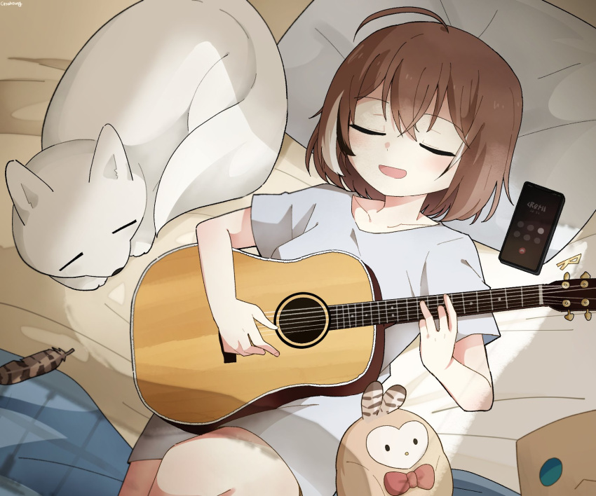 1girl acoustic_guitar ahoge alternate_costume bangs bare_legs bed bed_sheet bird bow bowtie brown_hair cellphone closed_eyes feathers fox friend_(nanashi_mumei) guitar gyaheung hair_ornament hairclip highres hololive hololive_english instrument iphone lying multicolored_hair music nanashi_mumei on_back oversized_clothes oversized_shirt owl phone pillow playing_instrument runes shirt short_hair singing sleeping smartphone smile streaked_hair stuffed_animal stuffed_toy t-shirt virtual_youtuber white_shirt window_shade