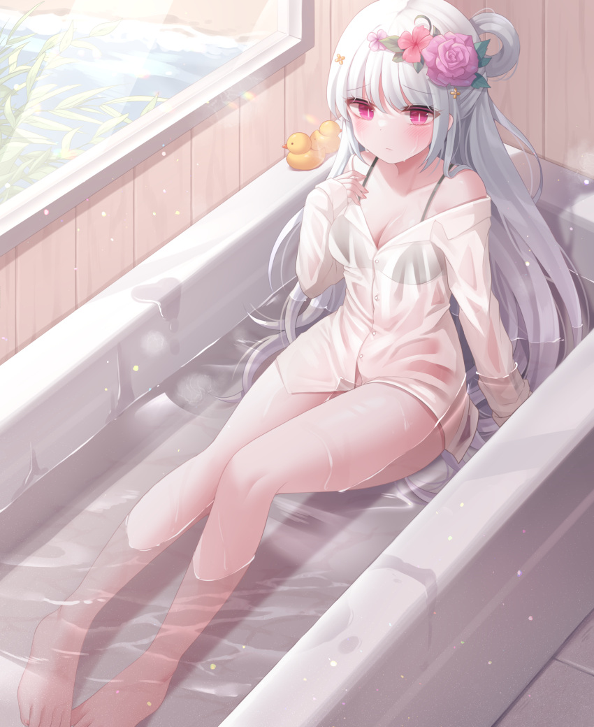 1girl absurdres bangs barefoot bath bathtub black_bra bra breasts cleavage closed_mouth collarbone collared_shirt commentary_request commission dress_shirt eyebrows_visible_through_hair flower grey_hair hair_flower hair_ornament hand_up highres honyang indoors korean_commentary long_hair long_sleeves looking_at_viewer medium_breasts no_panties off_shoulder original pink_flower pink_rose purple_eyes red_flower rose rubber_duck see-through shallow_water shirt sleeves_past_wrists solo underwear very_long_hair water wet wet_clothes wet_shirt window