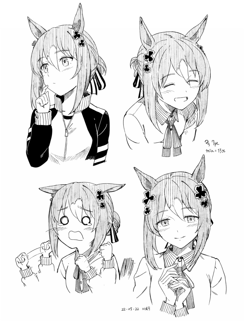 1girl after_sex animal_ears artist_name bangs blush closed_mouth clover_hair_ornament collared_shirt dated ears_down fine_motion_(umamusume) greyscale hair_bun hair_ornament hand_up highres horse_ears jacket kawashina_(momen_silicon) looking_at_viewer medium_hair monochrome neck_ribbon o_o open_mouth own_hands_together raised_eyebrows ribbon shirt smile solo speed_lines tearing_up track_jacket umamusume upper_body
