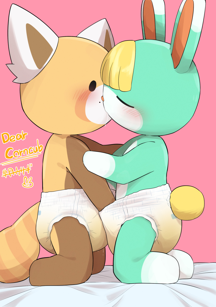 absurd_res aggressive_retsuko animal_crossing anthro blush bodily_fluids diaper digital_media_(artwork) dripping english_text eyes_closed genital_fluids hand_in_diaper handjob hi_res japanese_text kissing male male/male nintendo penile resasuke saliva saliva_drip sanrio sasha_(animal_crossing) satsuki_rabbit sex text urine video_games wet_diaper wetting