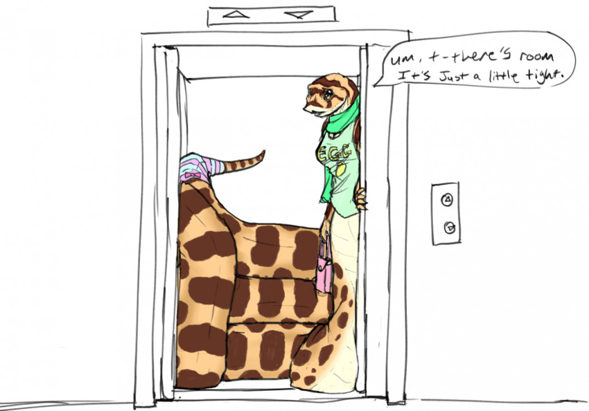 anthro apode araelkins breasts clothed clothing dialogue draconcopode elevator female furgonomics hog-nosed_snake legless looking_at_viewer open_door purse reptile scalie scarf serpentine shirt snake solo speech_bubble tail_clothing tail_warmer topwear