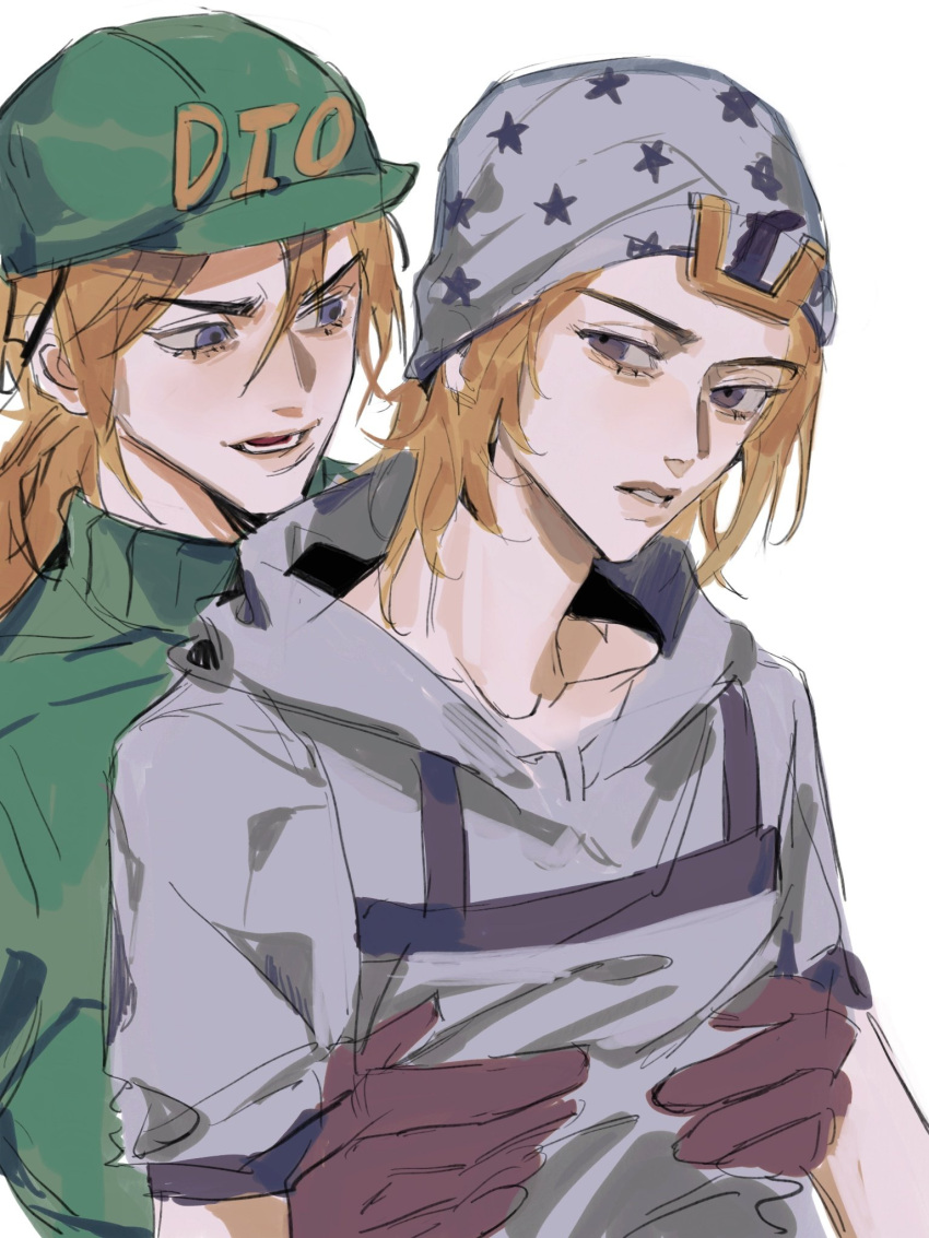 2boys beanie blonde_hair blue_eyes diego_brando gloves green_shirt hands_on_another's_chest hat helmet highres hood hoodie hug hug_from_behind johnny_joestar jojo_no_kimyou_na_bouken multiple_boys puppetjackmj scary_monsters_(stand) shirt short_sleeves steel_ball_run