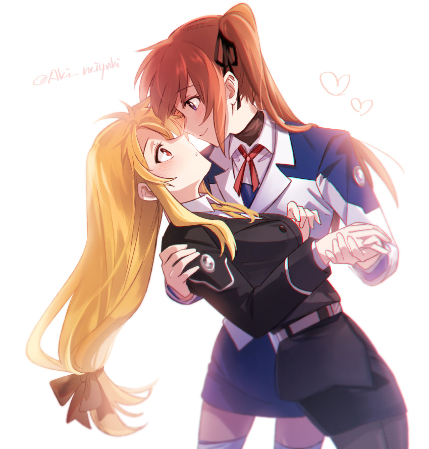 2girls aki_(neyuki41028) blonde_hair couple eye_contact fate_testarossa happy heart highres holding_hands imminent_kiss long_hair looking_at_another lyrical_nanoha mahou_shoujo_lyrical_nanoha_strikers military military_uniform multiple_girls orange_hair pantyhose purple_eyes red_eyes side_ponytail simple_background skirt smile takamachi_nanoha thighhighs tsab_air_military_uniform tsab_executive_military_uniform uniform very_long_hair watermark white_background yuri