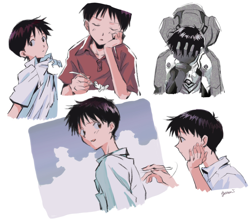 bodysuit closed_eyes facepalm hand_on_own_face highres ikari_shinji neon_genesis_evangelion open_mouth plugsuit red_shirt school_uniform shirt tokyo-3_middle_school_uniform variations yorumi1117