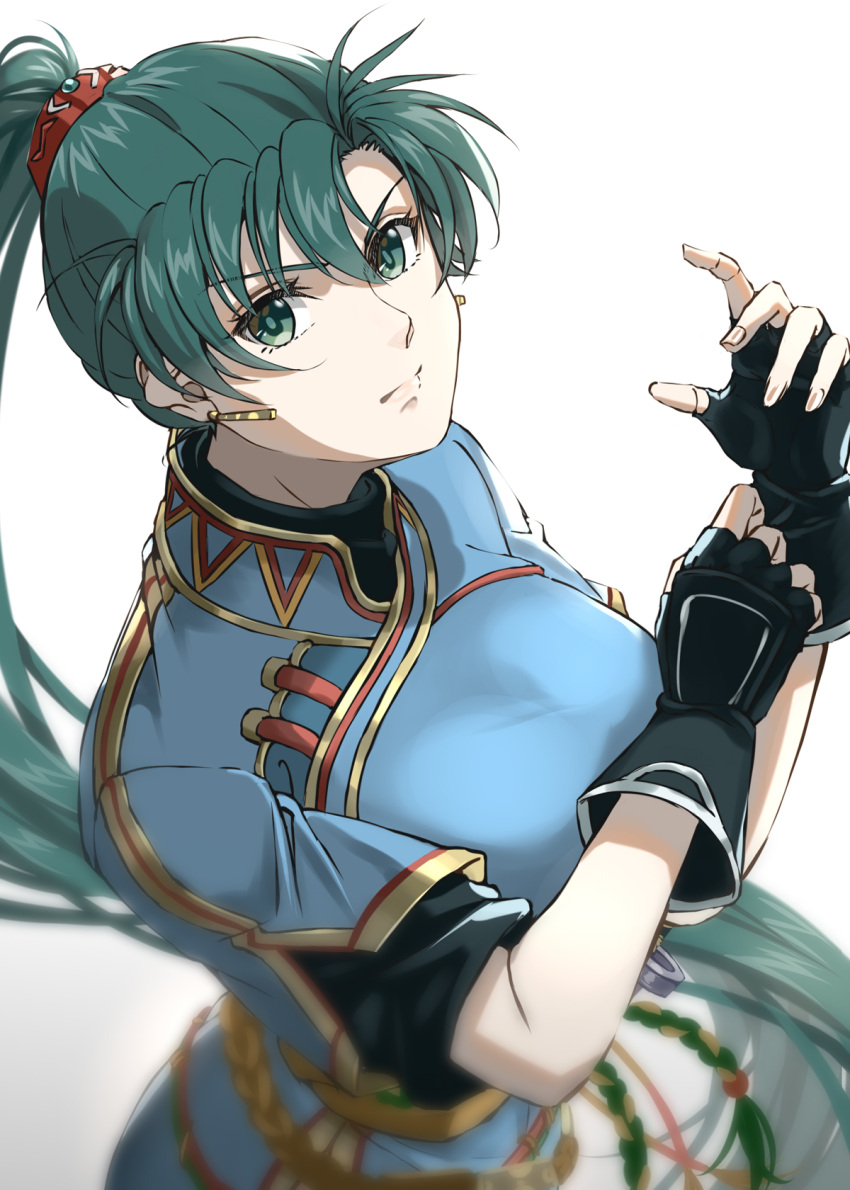 1girl blue_dress blurry breasts delsaber depth_of_field dress dutch_angle earrings fingerless_gloves fire_emblem gloves green_eyes green_hair hair_between_eyes highres jewelry large_breasts long_hair looking_at_viewer lyn_(fire_emblem) ponytail scowl solo white_background