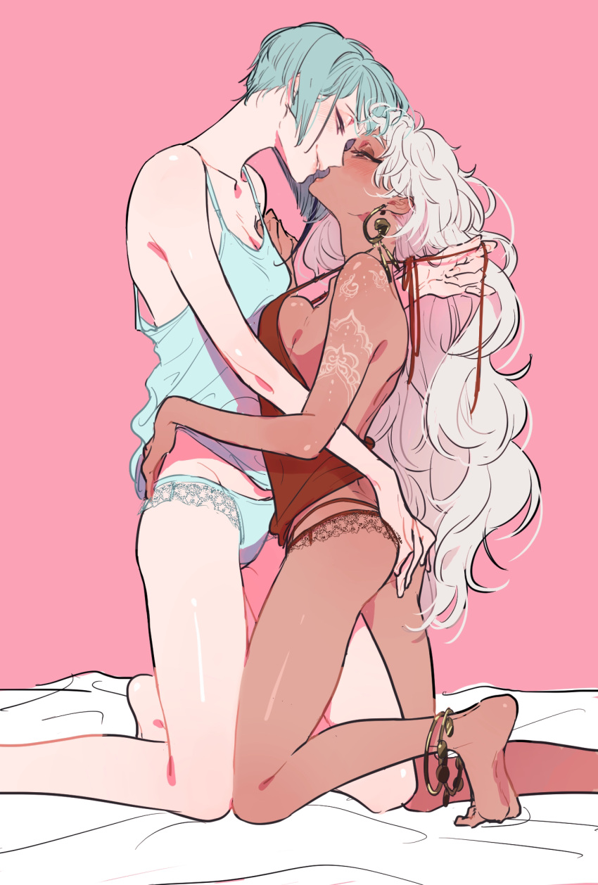 2girls anklet aqua_hair aqua_panties arm_tattoo ass bangs barefoot bed_sheet blush breast_press breasts camisole cleavage coin_(ornament) couple dark-skinned_male dark_skin earrings eye_contact face-to-face feet_out_of_frame genderswap genderswap_(mtf) grey_hair groin hand_on_another's_ass hand_on_another's_hip hand_on_another's_shoulder highres hoooot66 imminent_kiss jade_leech jewelry kalim_al-asim lace-trimmed_panties lace_trim large_breasts leg_between_thighs long_hair looking_at_another medium_breasts multiple_girls no_pants on_bed open_mouth pale_skin panties parted_lips pink_background profile red_panties short_hair sidelocks simple_background skinny smirk spaghetti_strap strap_gap tattoo twisted_wonderland underwear undressing untying very_long_hair wavy_hair yuri
