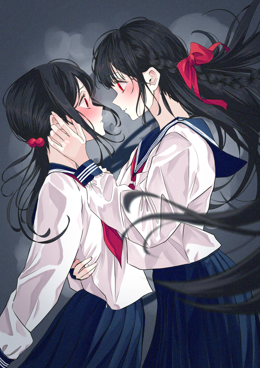 2girls absurdres arisugawa_bii black_hair blue_skirt blurry blush bow depth_of_field eye_contact from_side hair_bobbles hair_bow hair_ornament hand_on_another's_back hand_on_another's_cheek hand_on_another's_face height_difference highres imminent_kiss long_hair long_skirt long_sleeves looking_at_another medium_hair multiple_girls neckerchief original parted_lips red_bow red_neckerchief sailor_collar school_uniform serafuku skirt very_long_hair yuri