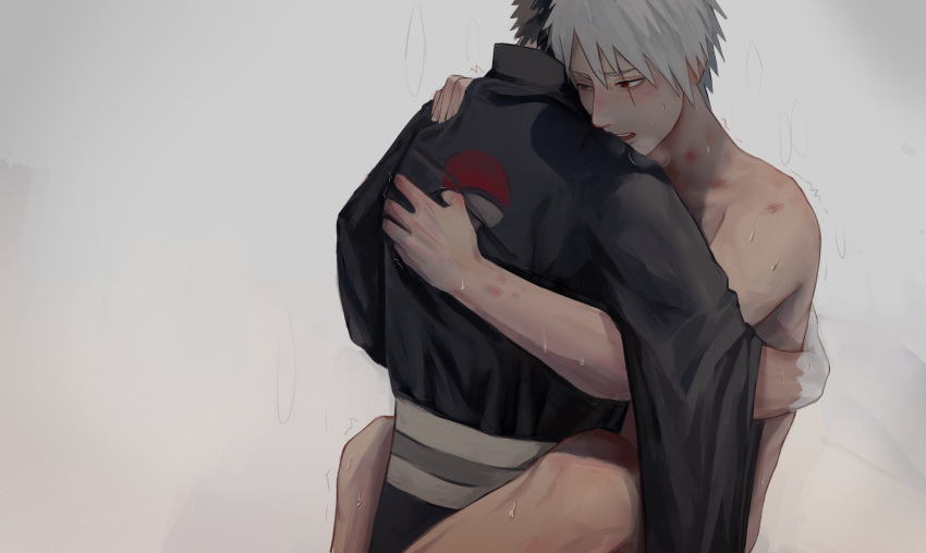 2boys arm_around_back black_hair blush breath clothed_male_nude_male colored_skin commentary datomato grey_hair hand_on_another's_shoulder hatake_kakashi hickey highres implied_anal implied_sex male_focus moaning mole mole_under_mouth multicolored_skin multiple_boys muscular muscular_male naruto_(series) naruto_shippuuden nude open_clothes open_mouth red_eyes scar scar_across_eye sharingan short_hair spread_legs standing straddling suspended_congress sweat trembling two-tone_skin uchiha_obito uchiha_symbol wide_sleeves yaoi