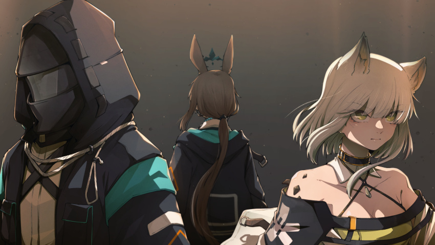 1other 2girls absurdres ambiguous_gender amiya_(arknights) animal_ear_fluff animal_ears arknights black_coat black_jacket blue_collar breasts brown_hair cat_ears coat collar crown detached_collar doctor_(arknights) dress extra_ears facing_away green_dress green_eyes green_hair grey_background highres hood hood_down hood_up hooded_coat hooded_jacket if_f jacket jewelry kal'tsit_(arknights) mask multiple_girls necklace off-shoulder_dress off_shoulder oripathy_lesion_(arknights) ponytail rabbit_ears short_hair simple_background small_breasts spoilers upper_body white_collar