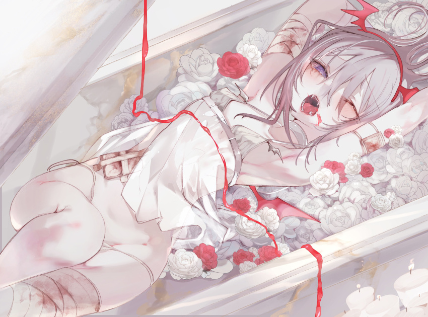 1-gou_(111touban) 1girl absurdres bandages bat_wings bathing bathtub blood blood_on_bandages breasts candle choker commentary_request covering covering_crotch fangs feet_out_of_frame flower groin hairband halloween head_wings highres injury leg_up looking_at_viewer medium_hair mini_wings one_eye_closed open_mouth original purple_eyes red_flower red_ribbon red_rose ribbon rose sharp_teeth small_breasts solo teeth white_choker white_flower white_hair white_rose wings