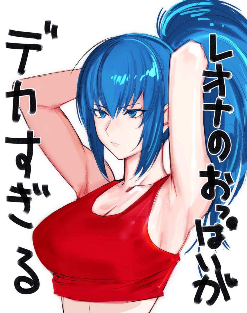 1girl arm_behind_head arm_up armpits arms_behind_head arms_up bare_shoulders blue_eyes blue_hair breasts character_name duplicate highres katakana large_breasts leona_heidern pixel-perfect_duplicate ponytail red_tank_top sleeveless solo tank_top tetsu_(kimuchi) the_king_of_fighters