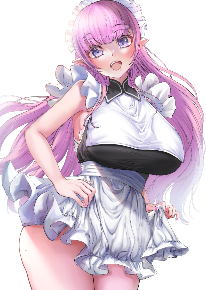 1girl alikap alternate_costume apron apron_lift blush breasts contrapposto cowboy_shot dress enmaided eyebrows_visible_through_hair head_tilt highres large_breasts long_hair looking_at_viewer maid maid_headdress mole mole_on_body mole_under_mouth open_mouth original pink_hair pointy_ears purple_eyes purple_hair sideboob simple_background smile solo taut_clothes taut_dress thighhighs waist_apron white_background