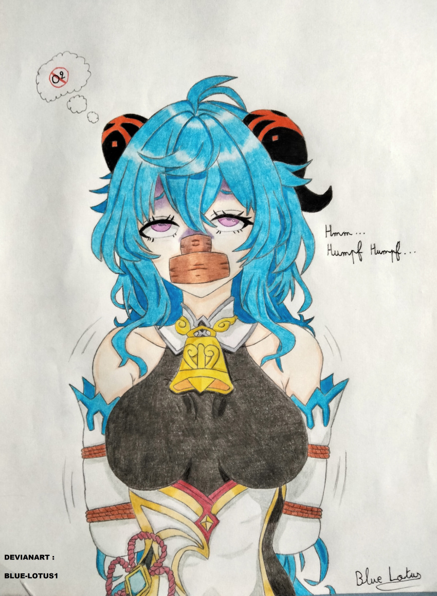 absurdres asphyxiation bdsm blue-lotus blue_hair bondage bound breathplay cross-eyed gag gagged ganyu_(genshin_impact) genshin_impact half-closed_eyes highres horns improvised_gag kidnapped monster_girl non-web_source peril ryona self_upload smother tape tape_gag