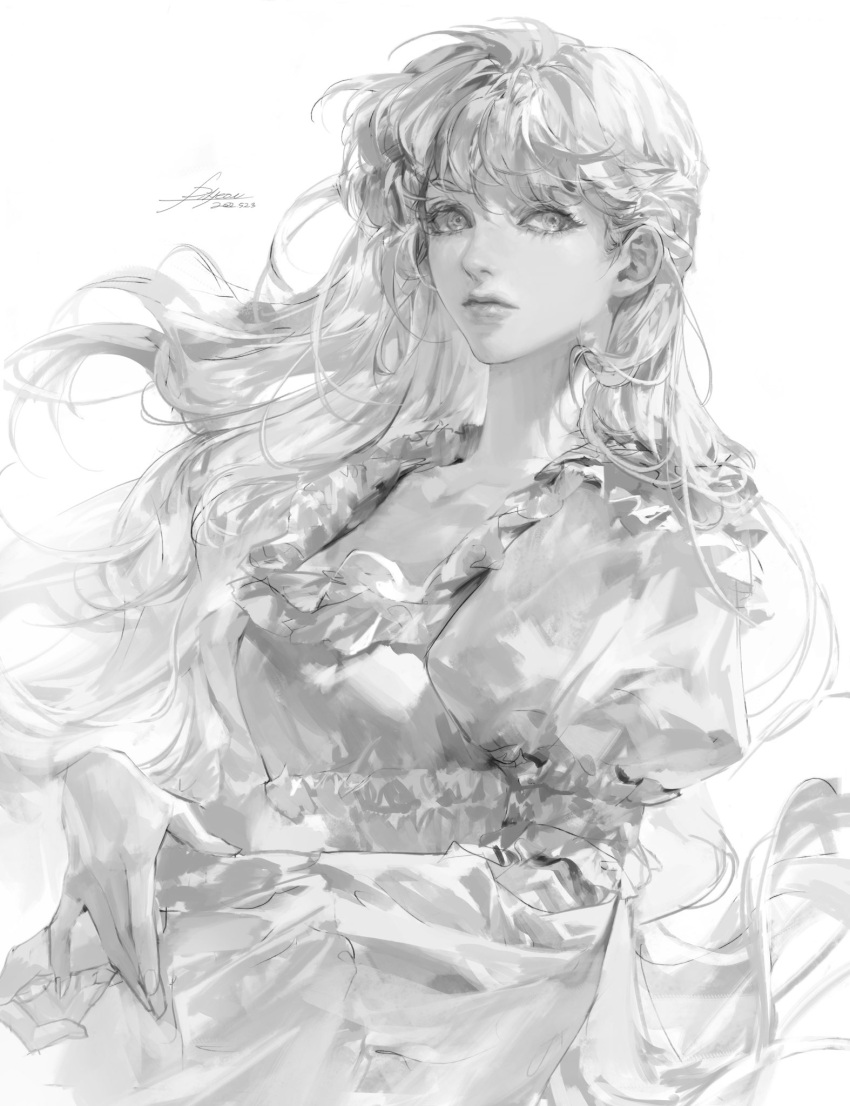 1girl bangs breasts dated dress expressionless eyebrows_behind_hair greyscale highres jewelry juliet_sleeves large_breasts lips long_hair long_sleeves looking_at_viewer monochrome nose original puffy_sleeves realistic signature solo upper_body vlfdus_0
