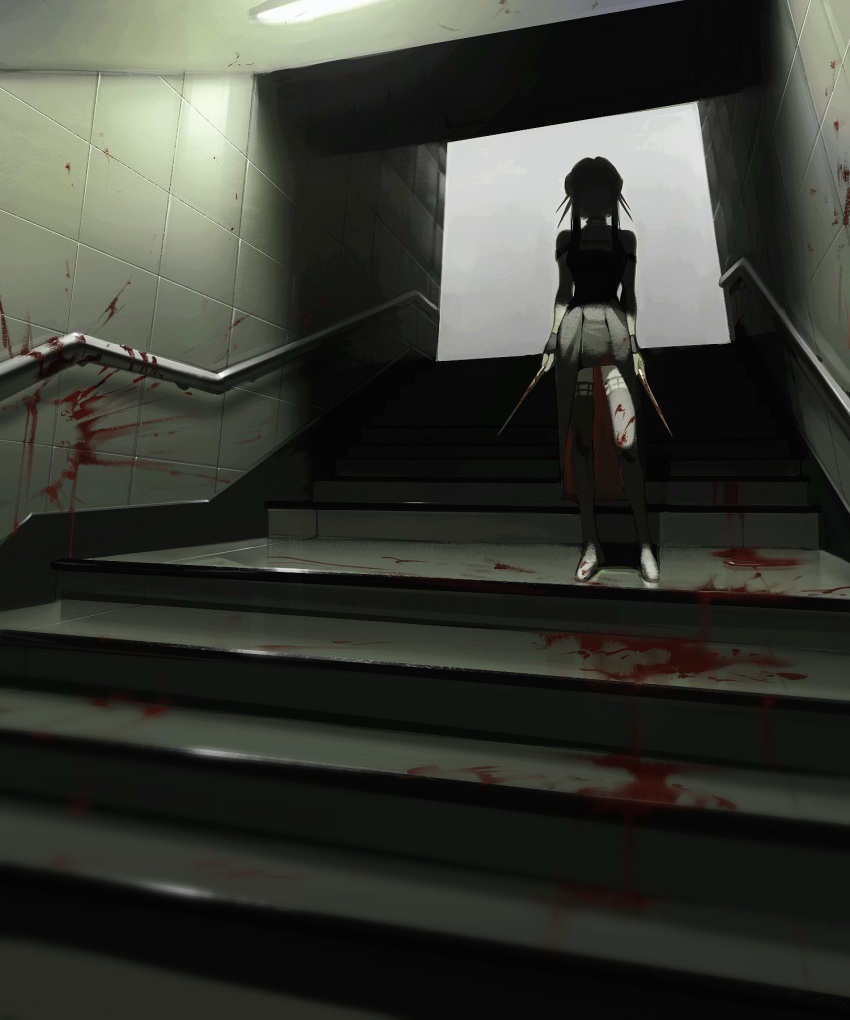 1girl arms_at_sides black_dress black_legwear blood blood_on_clothes blood_on_wall blood_on_weapon blood_splatter ceiling_light chikapuka choker dress dual_wielding facing_viewer fluorescent_lamp hair_ornament highres holding holding_weapon indoors railing shade sidelocks sleeveless sleeveless_dress solo spikes spy_x_family stairs standing thighhighs tile_wall tiles train_(clothing) two-sided_fabric two-sided_skirt weapon wrist_cuffs yor_briar