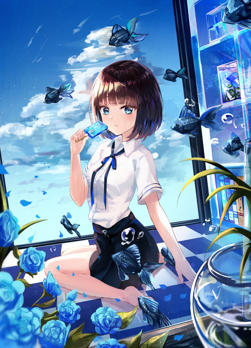 1girl absurdres bangs barefoot black_skirt blue_eyes blue_flower blue_ribbon blue_rose blue_sky bowl brown_hair checkered_floor cloud collared_shirt day dress_shirt english_commentary flower food highres holding holding_food ice_cream looking_at_viewer miniskirt neck_ribbon original parted_lips popsicle pray_(furei) ribbon rose shiny shiny_hair shirt short_hair short_sleeves skirt sky solo white_shirt wing_collar