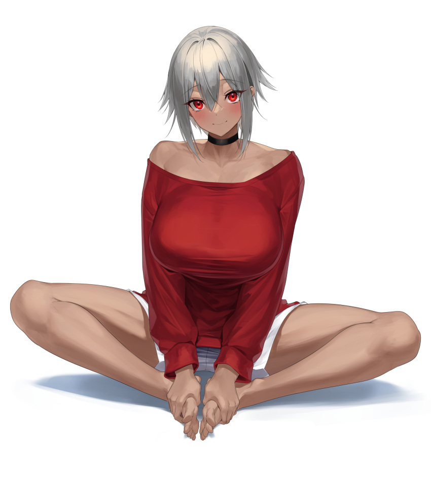 1girl bare_legs bare_shoulders barefoot breasts choker closed_mouth collarbone dark-skinned_female dark_skin grey_hair hair_between_eyes hands_on_feet highres huge_breasts indian_style looking_at_viewer off-shoulder_sweater off_shoulder original red_eyes red_sweater short_hair_with_long_locks short_shorts shorts sidelocks sitting smile solo sweater taut_sweater white_shorts yamanokami_eaka