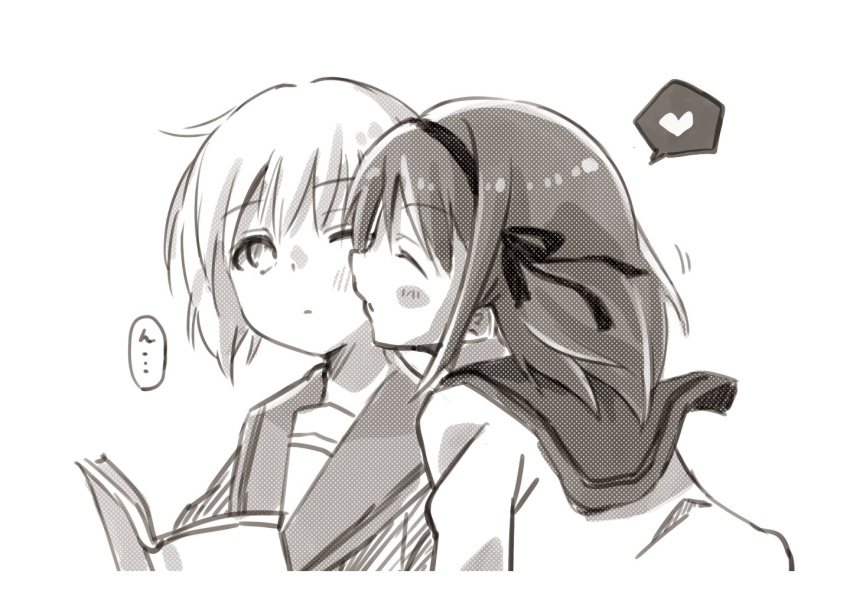 2girls bangs blush blush_stickers book closed_eyes eyebrows_visible_through_hair greyscale hair_ribbon hairband heart holding holding_book kiss kissing_cheek kita_high_school_uniform medium_hair monochrome multiple_girls nagato_yuki nanabuluku one_eye_closed open_book ribbon sailor_collar school_uniform serafuku short_hair sketch suzumiya_haruhi suzumiya_haruhi_no_yuuutsu upper_body yuri