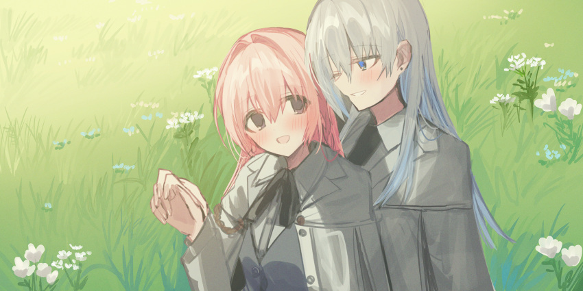 2girls :d absurdres bangs black_bow black_necktie blue_eyes blue_flower blush bow brown_eyes chihuri collared_shirt commentary_request dress_shirt eye_contact eyebrows_visible_through_hair flower grass grey_hair grey_vest hair_between_eyes hair_intakes hand_up highres jacket long_hair long_sleeves looking_at_another multiple_girls necktie one_eye_closed open_clothes open_jacket original parted_lips pink_hair shirt smile very_long_hair vest white_flower white_jacket white_shirt yuri