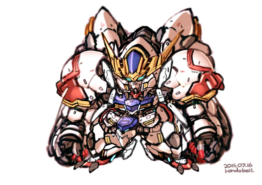 artist_name blue_eyes chibi dated gundam gundam_barbatos gundam_barbatos_lupus gundam_tekketsu_no_orphans highres looking_at_viewer mecha mobile_suit no_humans rondo_bell science_fiction solo v-fin white_background