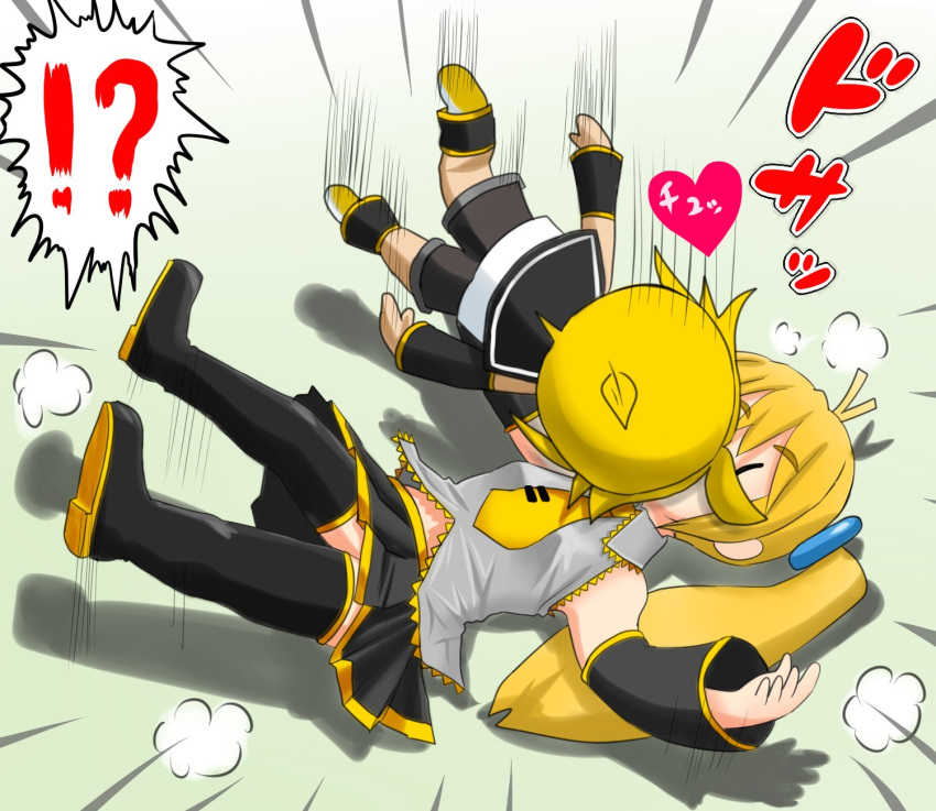 !? 1boy 1girl accidental_kiss akita_neru bare_shoulders black_legwear black_shorts black_skirt black_sleeves blonde_hair boots character_doll commentary detached_sleeves falling grey_shirt heart hetero highres kagamine_len kazu-chan kiss_day lying miniskirt motion_lines necktie on_back pleated_skirt shadow shirt shorts side_ponytail skirt sleeveless sleeveless_shirt spiked_hair spoken_interrobang thigh_boots translated vocaloid yellow_necktie