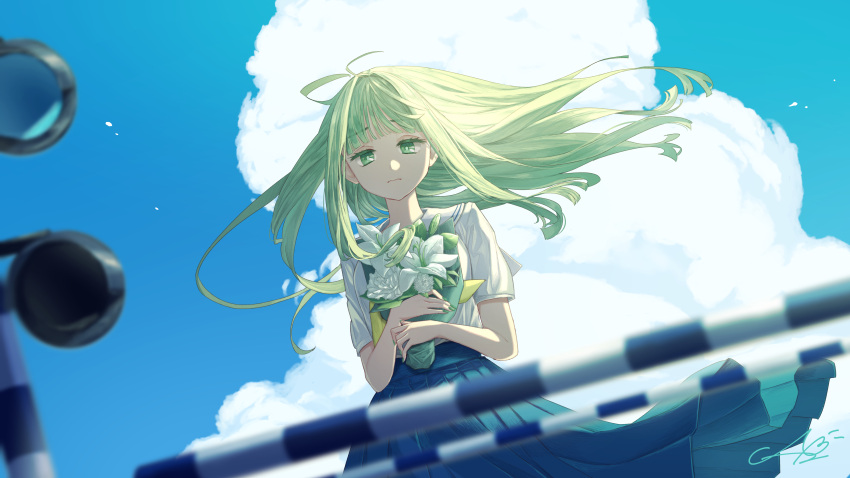 1girl absurdres ahoge bangs blue_eyes blue_skirt blue_sky blunt_bangs bouquet character_request closed_mouth cloud copyright_request dutch_angle eyebrows_visible_through_hair flower green_hair highres holding holding_bouquet holding_flower long_hair looking_at_viewer niro_(sikabanekurui) pleated_skirt railroad_crossing railroad_signal sailor_collar school_uniform shirt sidelocks signature skirt sky solo virtual_youtuber white_flower white_sailor_collar white_shirt