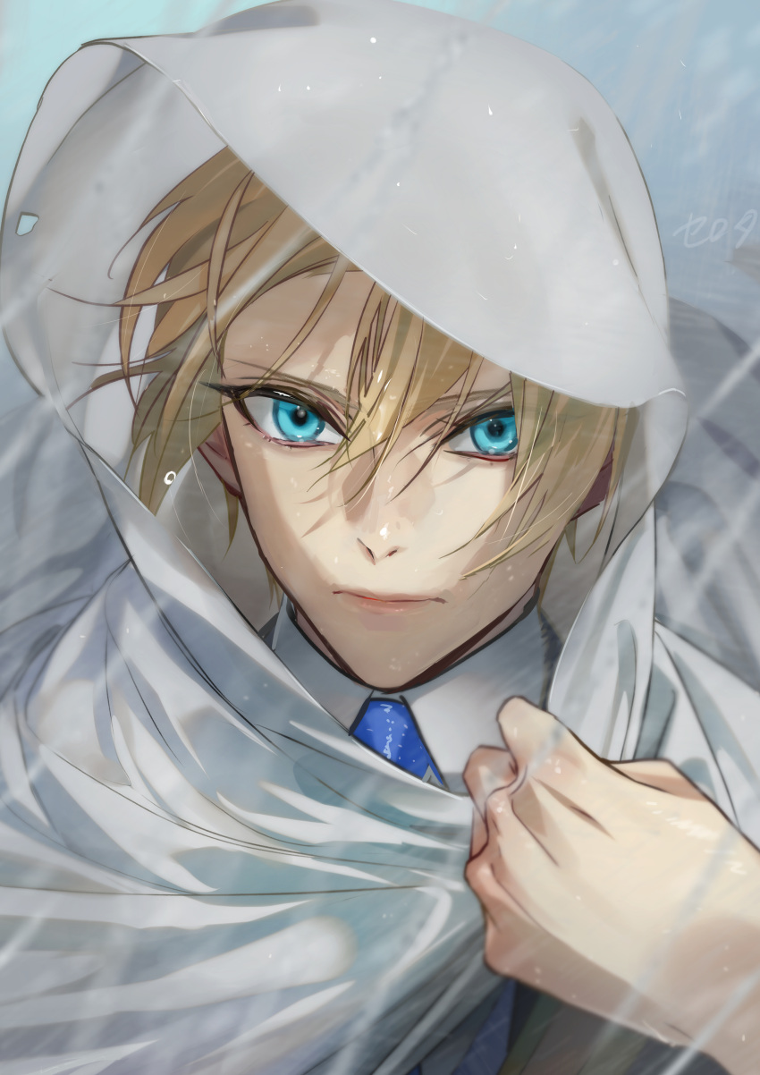 1boy absurdres aqua_eyes bangs blonde_hair blue_necktie cloak closed_mouth clothes_grab collared_shirt hair_between_eyes highres hood hood_up hooded_cloak male_focus necktie portrait rain serota shirt short_hair solo torn_clothes touken_ranbu wet white_cloak white_shirt wind yamanbagiri_kunihiro