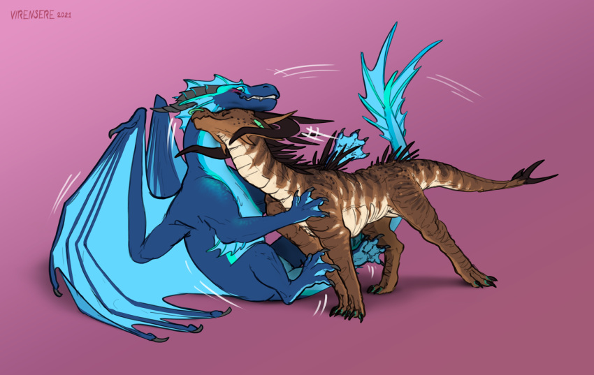 blue_body bluescaleddragon blush brown_body claws dragon duo facial_piercing female feral frill_(anatomy) horn male male/female nose_piercing nose_ring piercing scalie simple_background virensere wings