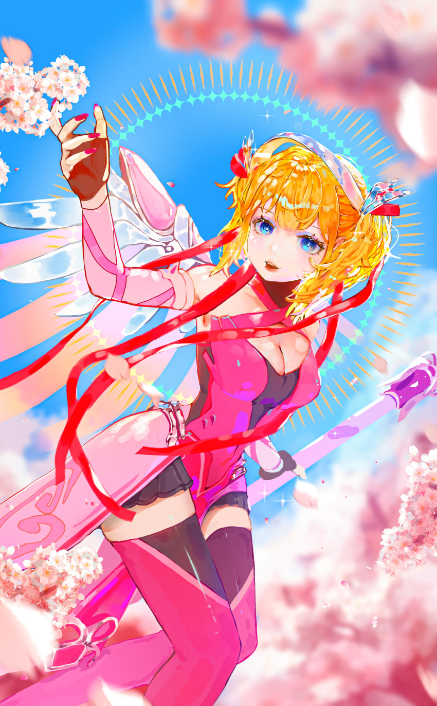 1girl absurdres bangs black_gloves blonde_hair blue_eyes breasts cleavage cloud dress fingerless_gloves gloves highres ji_rong mechanical_wings medium_breasts mercy_(overwatch) official_alternate_costume overwatch pelvic_curtain pink_dress pink_legwear pink_mercy pink_nails side_ponytail skindentation sky solo thighhighs wings