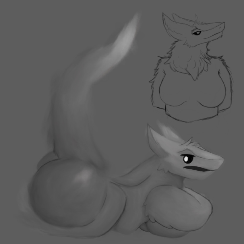 anthro big_butt black_sclera breast_rest breast_squish breasts butt female greyscale hi_res looking_back lying monochrome nauiho neck_tuft painting_(artwork) pupils raised_tail sergal side_boob sketch slightly_chubby solo squish traditional_media_(artwork) tuft unfinished white_pupils
