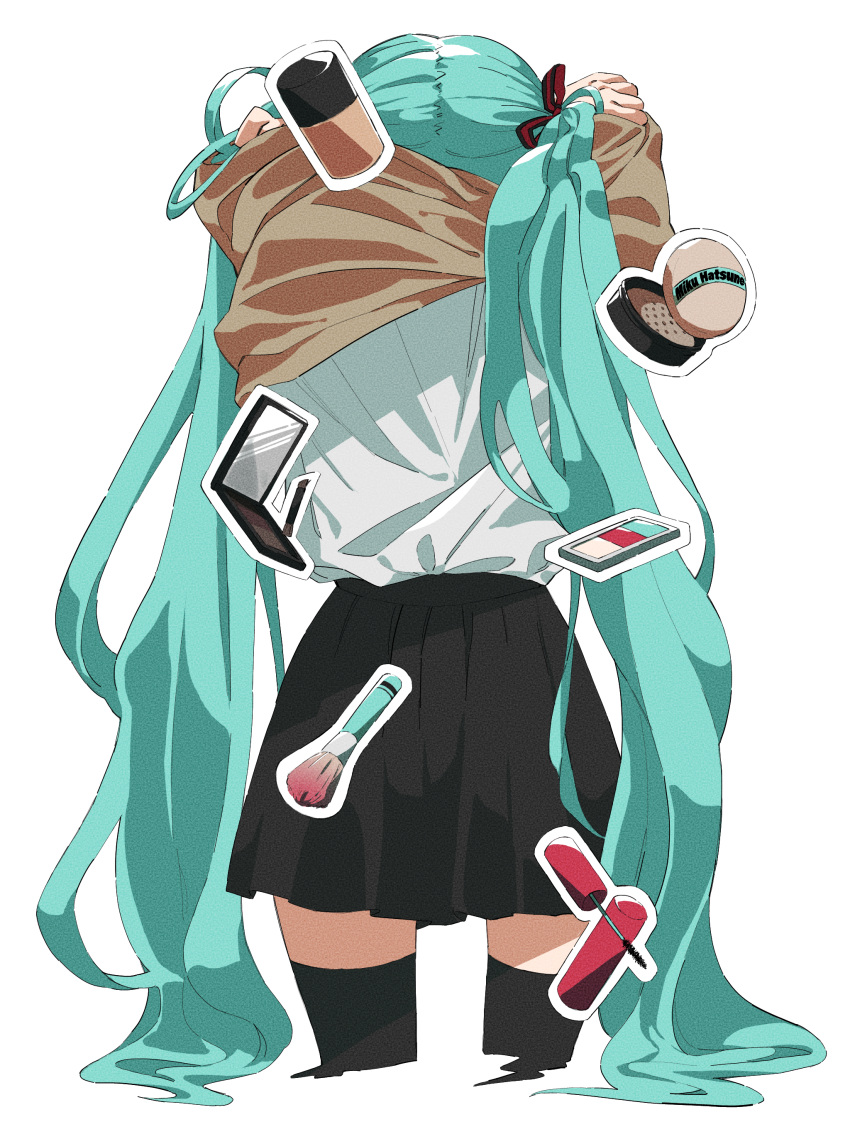 1girl 999ool absurdres arms_up blue_hair container cosmetics cropped_legs from_behind hair_ribbon hatsune_miku highres long_hair makeup makeup_brush mascara mirror pleated_skirt powder_puff removing_jacket ribbon school_uniform shirt_tucked_in skirt solo thighhighs twintails very_long_hair vocaloid