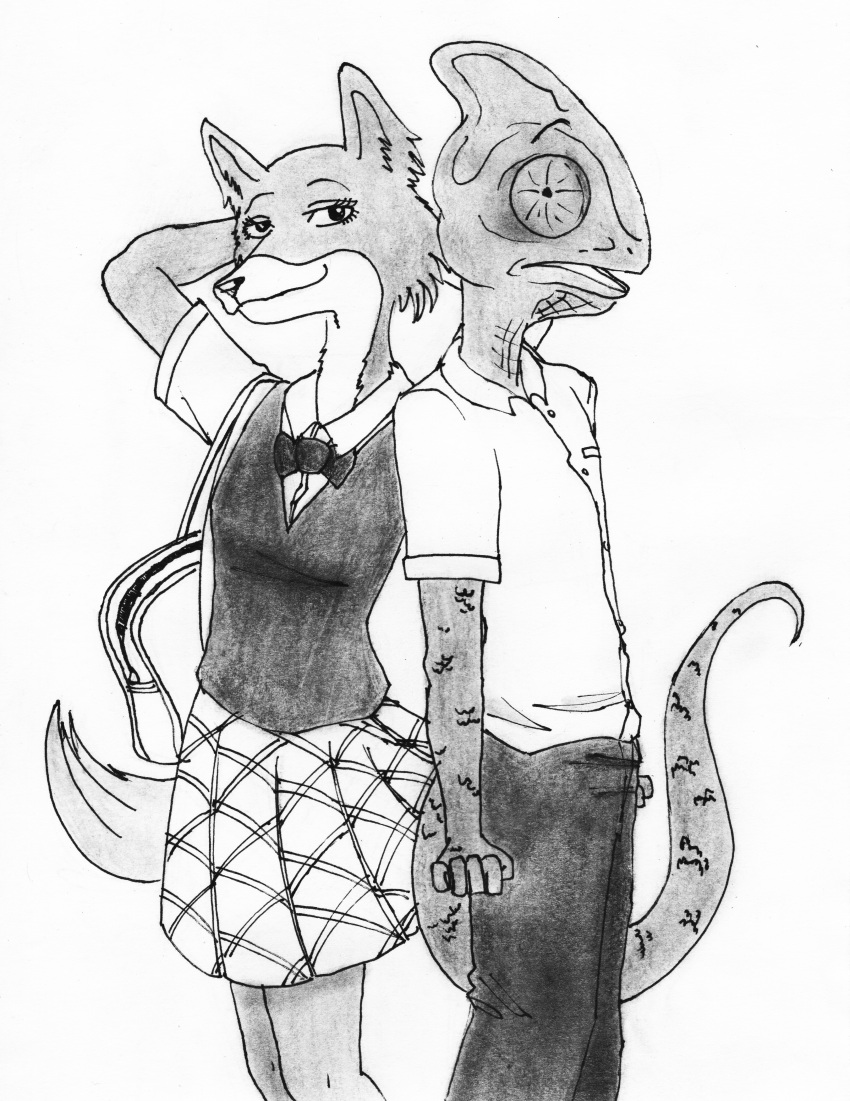 absurd_res animal_humanoid anthro asian_clothing beast_complex beastars bottomwear canid canine chameleon clothing duo east_asian_clothing efradraws female fox graphite_(artwork) hi_res humanoid itagaki_paru japanese_clothing japanese_uniform lizard male male/female mammal monochrome pen_(artwork) pencil_(artwork) reptile reptile_humanoid scalie scalie_humanoid shy skirt student traditional_media_(artwork) uniform