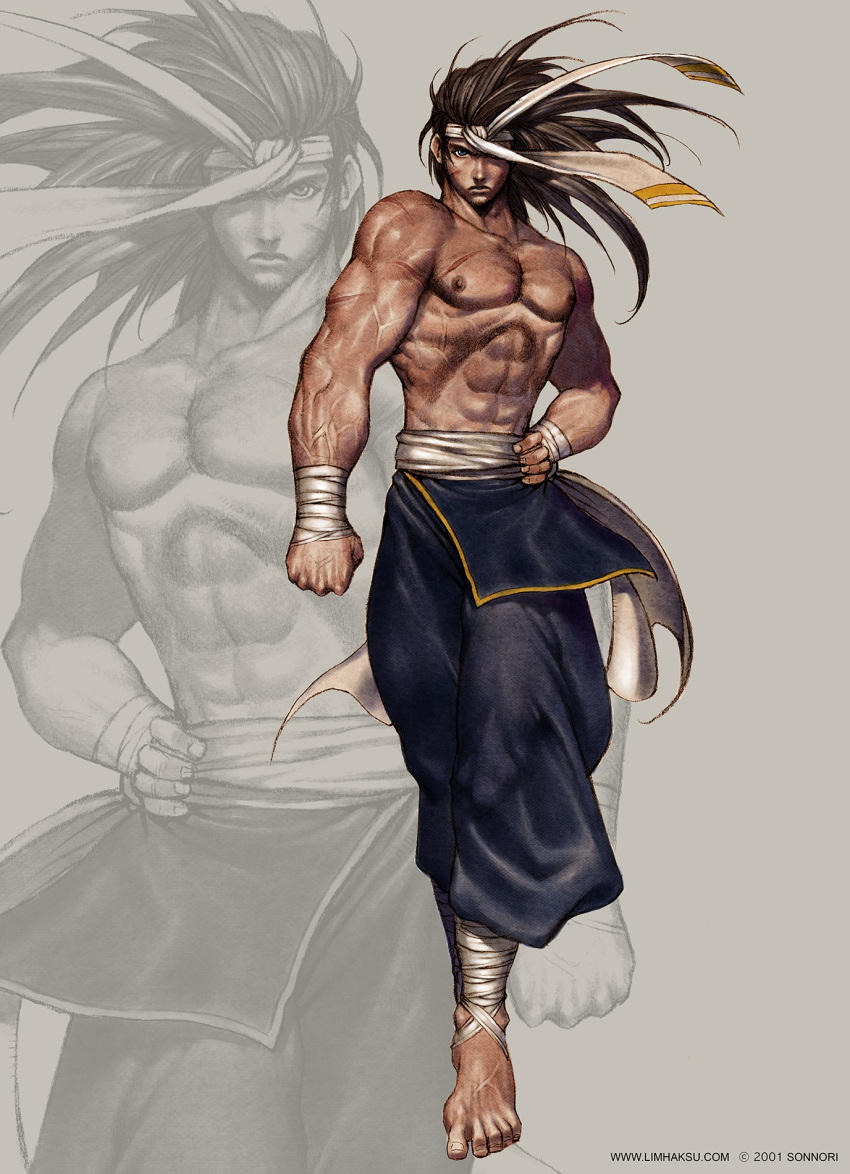 1boy abs ankle_wrap astonishia_story_2 barefoot black_pants blue_eyes brown_hair closed_mouth commentary english_commentary full_body grey_background headband highres limha_lekan long_hair looking_at_viewer male_focus muscular muscular_male nipples official_art pants ruduek serious solo topless_male white_headband wrist_wrap zoom_layer