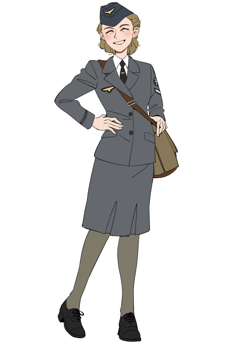 1girl absurdres bag closed_eyes freckles garrison_cap germany grey_jacket grey_skirt hand_on_hip hat highres jacket luftwaffe military military_uniform necktie original remora25 satchel shirt skirt smile standing uniform wehrmacht white_shirt world_war_ii