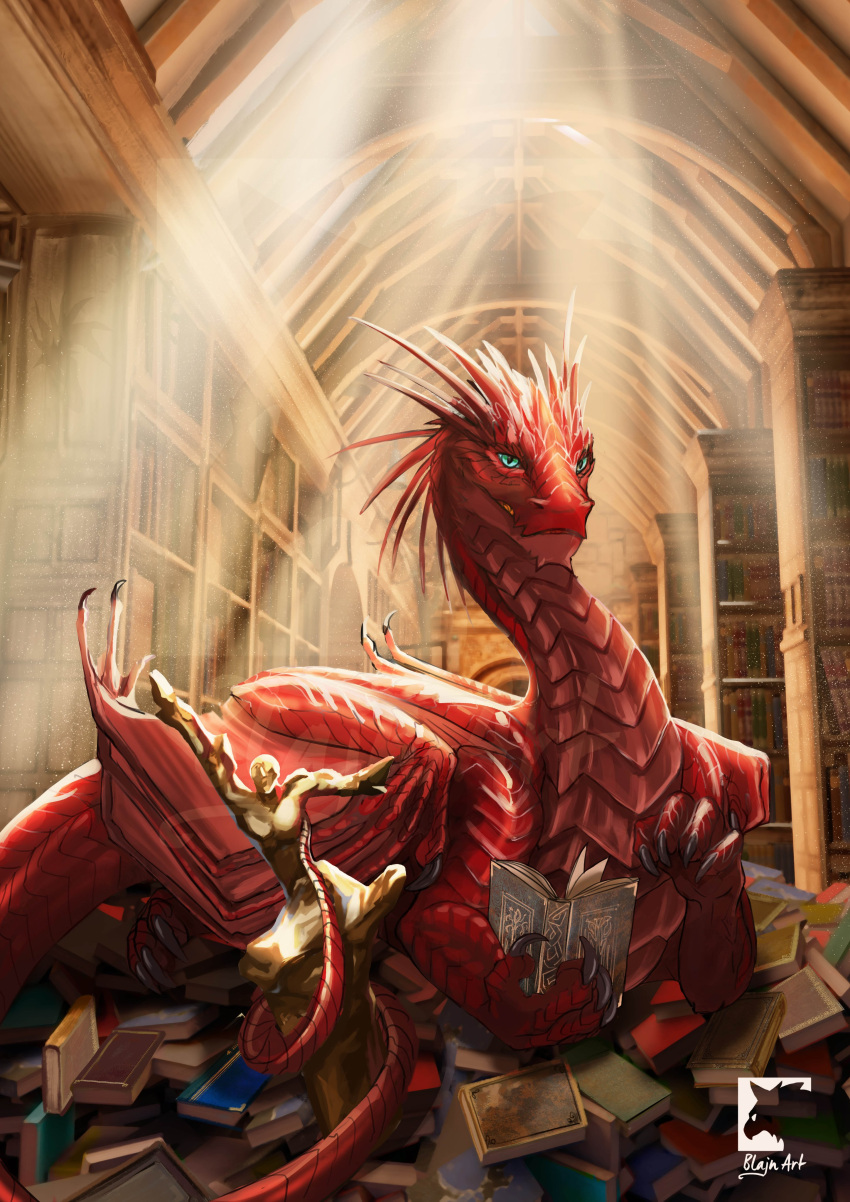 absurd_res ambiguous_gender black_claws book bookshelf claws dragon feral finger_claws furniture green_eyes gryph000 hi_res holding_book holding_object inside library long_neck long_tail looking_at_viewer lying membrane_(anatomy) membranous_wings on_front red_body red_scales scales scalie shaded snout solo toe_claws watermark western_dragon wing_claws wings